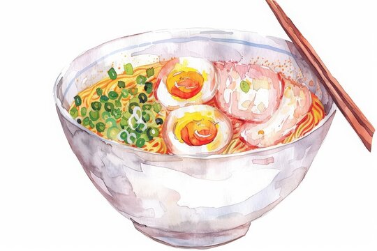 recommend clip art: A kawaii watercolor of a bowl of ramen, simple clipart isolated white background