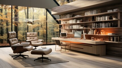 Modern home office with large windows and a view of the forest