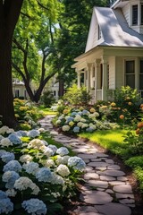 A beautiful garden with a stone path and a white house