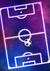 Neon soccer field scheme, football playground, virtual sportive game, pink blue glowing line. Isolated on black background.