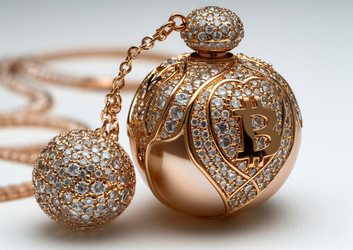 Billetera digital en forma de perfumero o colgante de oro con diamantes incrustados, foto de joyer&iacute;a, lujo para guardar tus finanzas, tu capital garantizado de forma segura, ll&eacute;valo contigo, Bitcoin