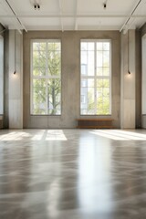 Large empty room with large windows and concrete walls