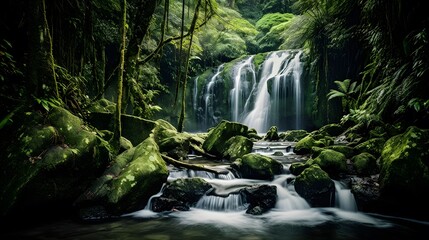 Panorama of a beautiful waterfall in the rainforest of New Zealand