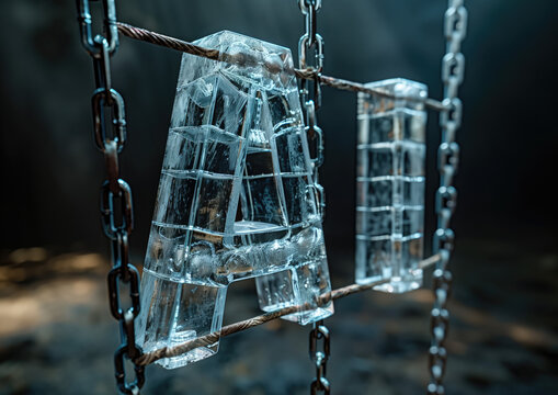 Logo congelado de AI conformado por cubitos de hielo, detr&aacute;s de un soporte de cadenas, protegido, esperando poder liberar todo su potencial, fondo oscuro, visto de lado, en diagonal, restricciones
