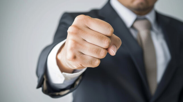 Close-up of a person in a business suit clenching a fist in the air, triumphant gesture on a simple white background