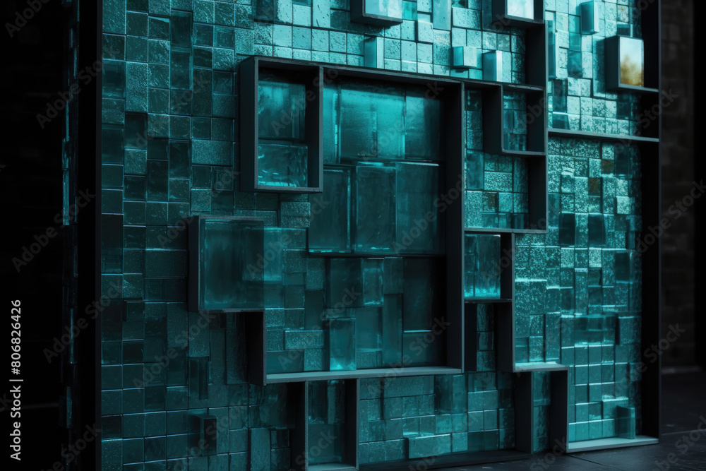 Poster a building constructed entirely from blocks of green glass, creating a striking and contemporary arc