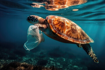A turtle navigating through the ocean waters while encountering a plastic bag, showcasing the detrimental impact of pollution on marine life