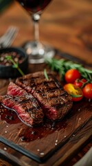 Beef steak with tomatoes and rosemary on a wooden board