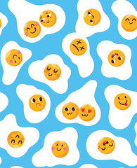 Seamless pattern with different cute emoji, funny omelettes