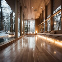 Wooden house interior with large windows overlooking snowy forest