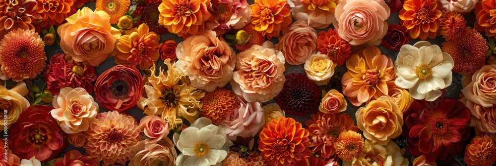 Poster a cluster of various colorful flowers arranged on a wall, creating a vibrant and striking display in