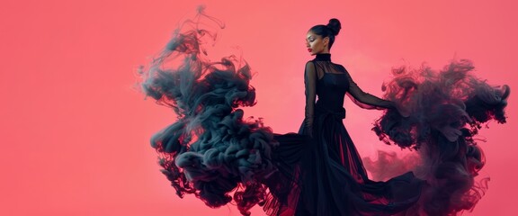 diverse female dancer in black outfit  with clouds of smoke around on pink background copy space left. Dance studio ad banner template.