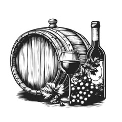 wine still life. Hand drawn Wine bottle wooden barrel, glass of wine and grapes. Monochrome engraving style illustration isolated on white background for testing wine invitation, menu and packaging