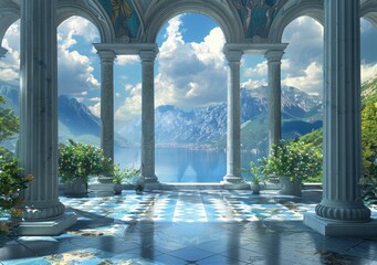 fantasy landscape with lake and mountains