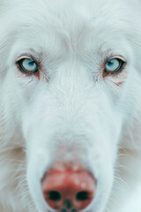 Close-up of a wolf's face with blue eyes