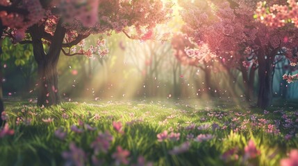   The sun illuminates the forest, where pink flowers bloom among the green grass beneath the trees Sunrays filter through tree foliage in the backdrop