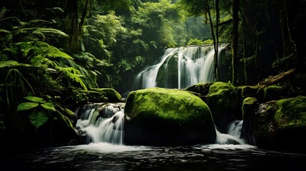 Beautiful waterfall in a green forest. Panoramic image.