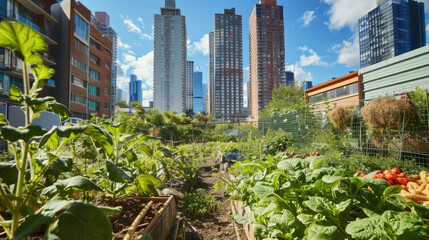 A vibrant garden filled with numerous plants, flowers, and trees, with various buildings visible in the background
