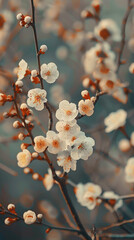 Close-up of white plum flowers blooming on sunny blurred background. Delicate aesthetic spring background. Generative AI