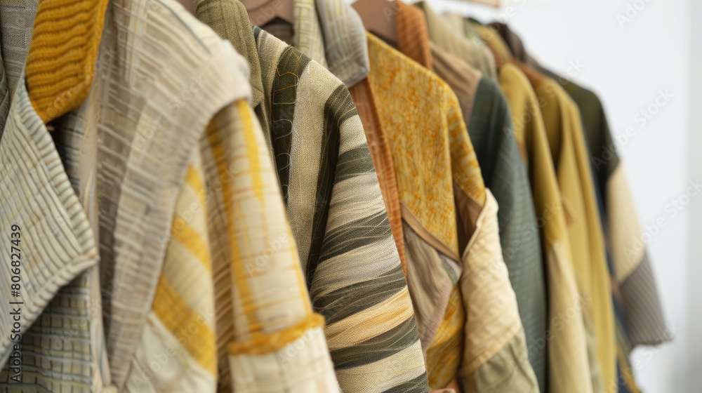 Poster a row of colorful sweaters hanging neatly on a rack in a store, ready for customers to browse and pu