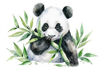 A kawaii watercolor of a panda munching bamboo, adorable and calming, isolated with a white background