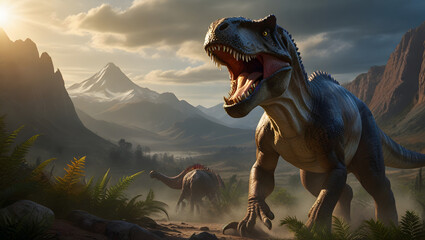 Allosaurus in midroar surrounded by a prehistoric land