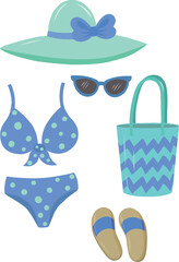 A set of summer things for relaxing at sea. Swimsuit, flip-flops, beach bag, hat and sunglasses. A flat cartoon illustration on a white background.