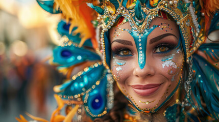 Close-up portrait of a woman in an ornate carnival costume featuring bright blue and gold colors.