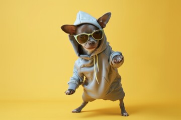 Obraz na płótnie Canvas chihuahua dog dancing in hoodie and sunglasses on yellow background
