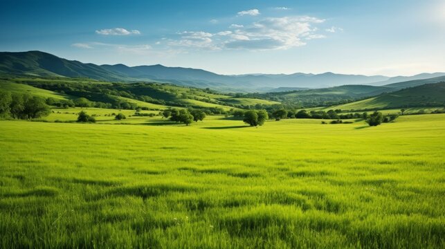 idyllic green rolling hills landscape with blue sky and white clouds