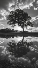 A tree stands in a field with a large puddle reflecting the sky and clouds