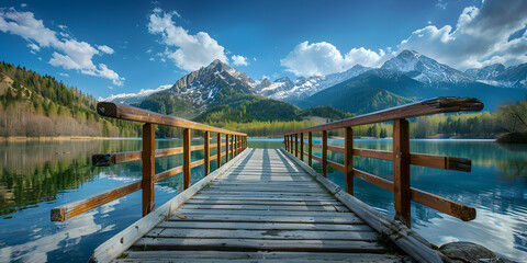 Wooden Bridge Over Lake in the Mountains, Scenic Landscape with Rustic Wooden Bridge Amidst Alpine Lake and Majestic Peaks, Tranquil Nature Scene, Generative AI

