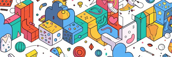 A front cover for a colouring book for toddlers called Shape and Pattern Playground, full of different shapes with various patterns within the shapes