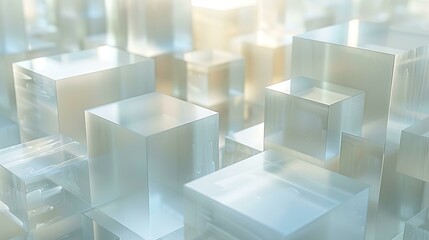 Abstract 3D rendering of a cityscape made of glass blocks with a blurred background