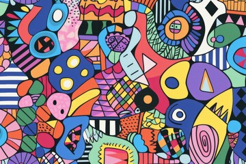 A front cover for a colouring book for toddlers called Shape and Pattern Playground, full of different shapes with various patterns within the shapes