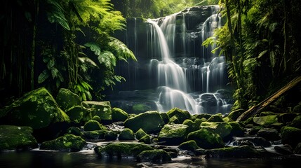 Panorama of beautiful waterfall in tropical rainforest with green leaves.
