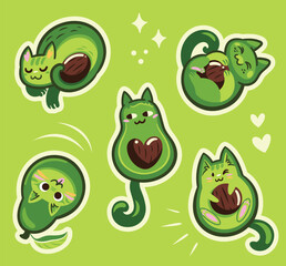 Cute cartoon stickers with avocatos on lime