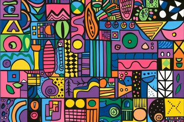 A front cover for a colouring book for toddlers called Shape and Pattern Playground, full of different shapes with various patterns within the shapes