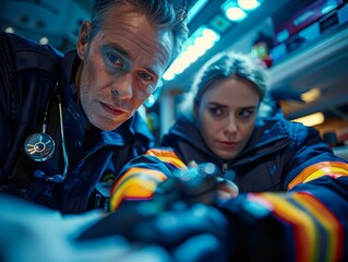 Two paramedics are working on a patient in the back of an ambulance