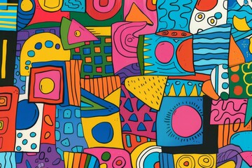 A front cover for a colouring book for toddlers called Shape and Pattern Playground, full of different shapes with various patterns within the shapes