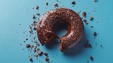 A chocolate frosted ring donut on a blue background with chocolate sprinkles around it.  