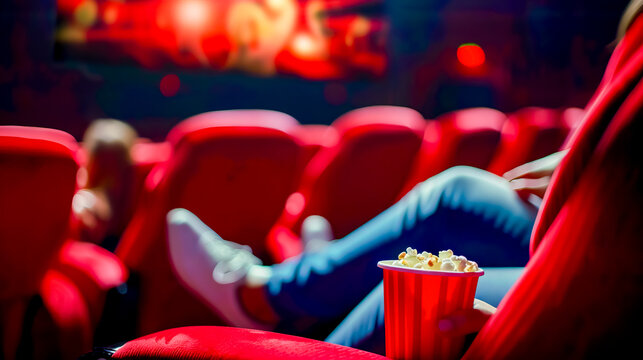 Person sitting in red chair with cup of popcorn in front of them.