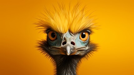 Close-up of an ostrichs head against a vivid yellow background, adorned with intricate feathers