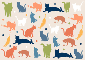 Pattern of multi-coloured cats in vector, flat style.