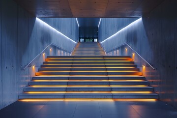 Modern concrete staircase with yellow LED lights on every step