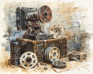 An old 35mm movie camera sits on a wooden box, surrounded by reels of film - obrazy, fototapety, plakaty