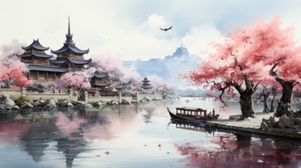 Obraz premium An illustration of a Chinese landscape with a river, trees, and buildings