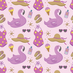 Products for the beach and recreation. Swimsuit, hat with brim, sunglasses, sunscreen, ice cream, starfish and sand. Seamless vector drawing on summer and marine themes.
