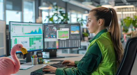 Female employee in green vest sitting at desk with large monitor displaying data graphs, office setting with other employees working on computer.