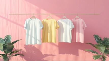 shirts of different colors are hanging on a clothesline against a pink background.
